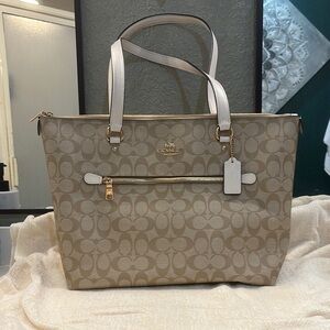 Coach Tan Monogram Tote with Gold Accents